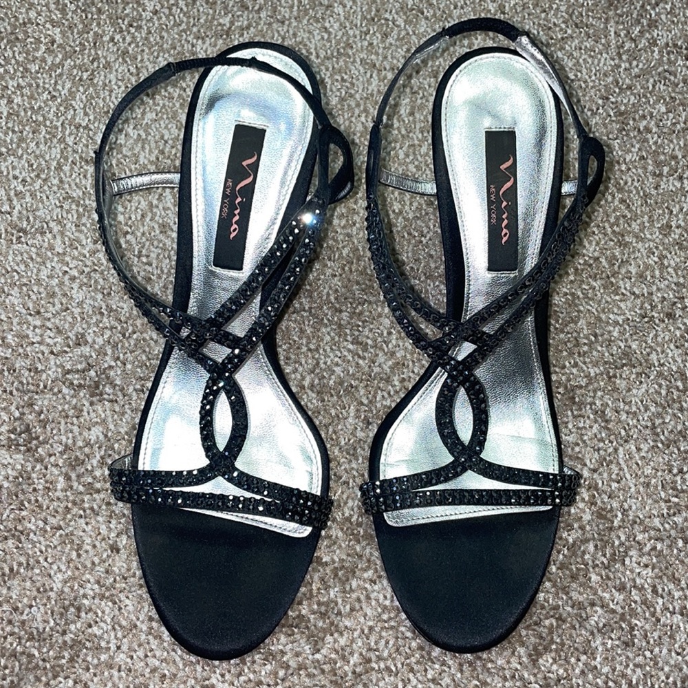 Nina Black Rhinestone Strappy Heels
